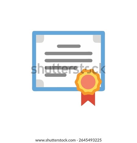 A flat design vector illustration of a diploma. Features a blue border, seal and ribbon. Suitable for education and achievement themes.