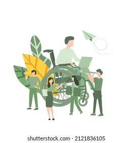 Flat design vector illustration of Disability people that productive, sosial workers, assistance to a disabled person, a man in a wheelchair working at a computer.