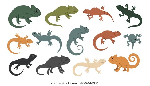 Flat design vector illustration of diverse lizards in vibrant colors