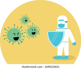 flat design vector illustration of a doctor with a shield fight against viruses