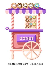 Flat design vector illustration of donuts car. Mobile retro vintage shop truck icon with signboard with big donut with tasty glaze. Van side view, isolated on white background. Street Donuts truck