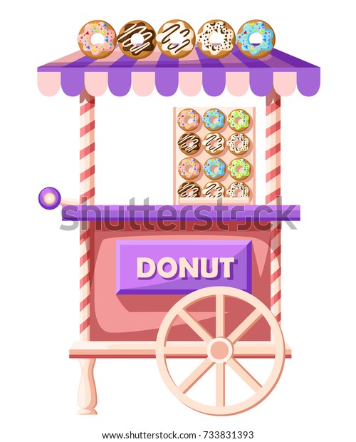 Flat design vector illustration of donuts car.\
Mobile retro vintage shop truck icon with signboard with big donut\
with tasty glaze. Van side view, isolated on white background.\
Street Donuts truck