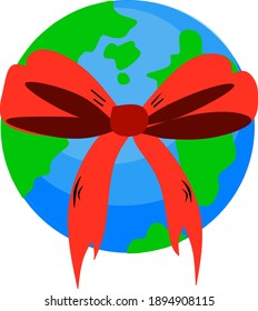 Flat design vector illustration of earth with huge ribbon.