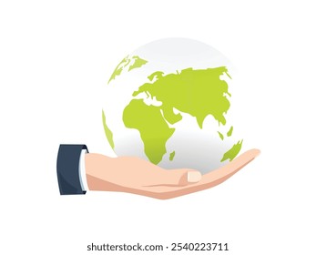 flat design vector illustration of earth globe in hand isolated on white background