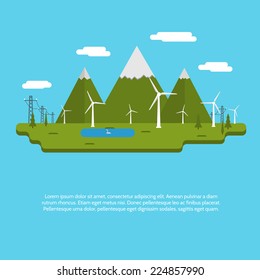 Flat design vector illustration for ecology. Flat vector illustration of island with green mountains, white windmills and blue lake. Concept for eco environment and alternative energy.