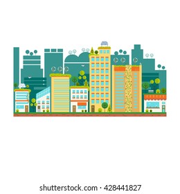 Flat design vector illustration with ecology city. Green city concept with eco icons. Green energy - green house, wind turbines, solar panels.