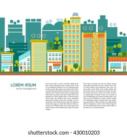 Flat design vector illustration with ecology city. Green city concept with eco icons. Green energy - green house, wind turbines, solar panels.