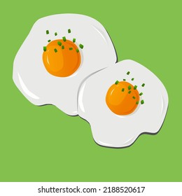 Flat design vector illustration of egg fried isolated in green background. 2D Egg icon. Egg with chives leaf spread on top for breakfast. 