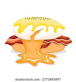 Flat Design Vector Illustration of Eggs Benedict, Traditional American Breakfast with Poached Eggs and Creamy Hollandaise Sauce