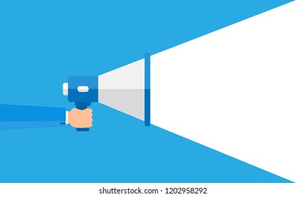 Flat design Vector Illustration Empty esp template copy space text for Ad, promotion, poster, flyer, web banner, article Human Hand Holding Megaphone and Blank Geometric shape Half Speech Bubble