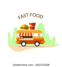 Flat design Vector Illustration of Fast Food Van. Car side view, isolated.