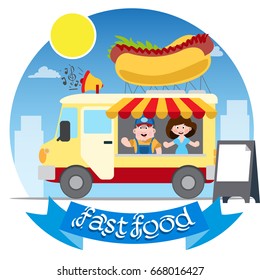 Flat design vector illustration of fast food car. Shop truck icon with signboard big tasty hot dog. Illustration isolated on white background.