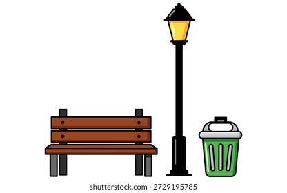 Eine flache Vektorgrafik mit essenziellen Parkmöbeln, darunter eine Holzbank, ein altmodischer Laternenpfahl und ein grüner Müllbehälter, einzeln auf sauberem, weißem Hintergrund, für die einfache Nutzung.