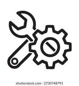 Una Ilustración vectorial de diseño plano con una llave inglesa y un engranaje, que simboliza el servicio y el mantenimiento del producto.