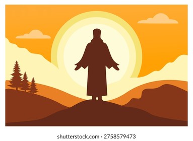 A flat design vector illustration featuring a silhouette of Jesus Christ standing on a hilltop against a backdrop of a large sunrise. The image composition uses a warm monochromatic color palette of oranges, browns, and yellows, with minimal elements of a mountain landscape, pine trees, and clouds. This image is suitable for Christian Holiday Greetings, Digital Greeting Cards, Banners, Social Media Posts, Worship Amphlets or Brochures, Book Covers, Decorations, and Souvenirs.