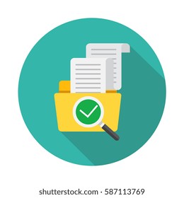 Flat design, vector illustration. File folder directory and magnifying glass, tick checkmark icon. Search concept. Data and information.