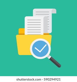 Flat design, vector illustration. File folder directory and magnifying glass, tick checkmark icon. Search concept. Data and information.