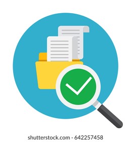 Flat design, vector illustration. File folder directory and magnifying glass, tick checkmark icon. Search concept. Data and information.