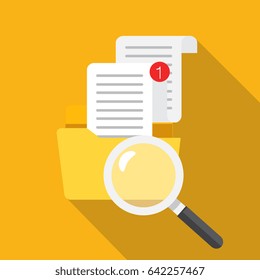 Flat design, vector illustration. File folder directory and magnifying glass, tick checkmark icon. Search concept. Data and information.
