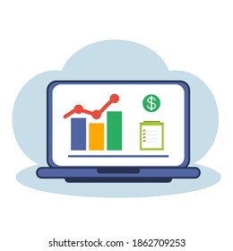 Flach gestaltete Vektorgrafik, Finanzen, Berechnungen, Finanzdiagramme und Grafiken, Laptops, Aktien.