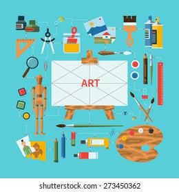 Flat design vector illustration fine art concept with icons of art supplies, art instruments for painting, drawing, sketching. Easel, palette, wooden mannequin, brushes, pens, pencils, paints