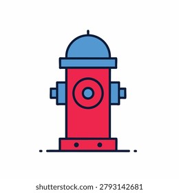 Flat design vector illustration of a fire hydrant featuring a red main body with blue caps and side outlets for firefighting purposes.
