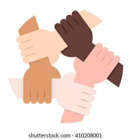 Vector de diseño plano Ilustración de cinco manos sosteniéndose entre sí como una solidaridad interracial