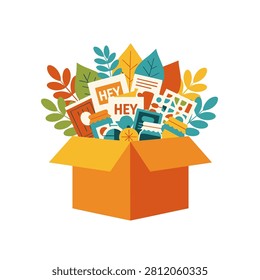 Flat design vector illustration of a flea market festival element featuring an open box of assorted vintage items