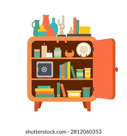 Flat design vector illustration of a flea market festival element featuring a vintage cabinet filled with assorted retro items