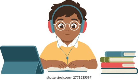 Flat design vector illustration of a focused young student wearing headphones while reading a book at a desk, ideal for educational materials, e-learning, study habits, and inclusive learning concepts.