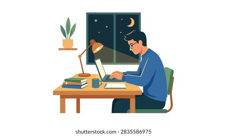 A flat design vector illustration of a focused male student or professional working late at night. The scene features a man at a desk with a laptop, a glowing lamp, books, a notepad, and a coffee cup, while a window displays a crescent moon and stars against a dark sky.
