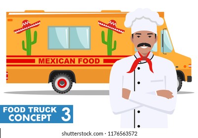 Flat design vector illustration of food truck and cook, head chef in uniform. Traditional Mexican street cuisine. Auto restaurant, mobile kitchen, hot fastfood, spicy food. Burrito, tacos, nachos.