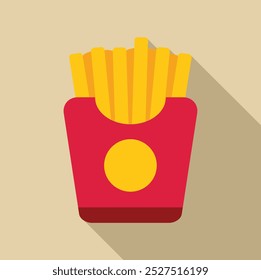 Flat design vector illustration of french fries in a red paper box casting a long shadow