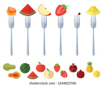 Flat design vector illustration of fresh juisy raw fruits on the forks, and fruit slices. Vegetarian and vegan vector concept. Papaya, watermelon, apple, pomegranate, strawberry, pineapple