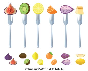 Flat design vector illustration of fresh juisy raw fruits on the forks, and fruit slices. Diet healthy eating vegetarian and vegan vector concept. figs, kiwi, lemon, orange, melon, dragon fruit.