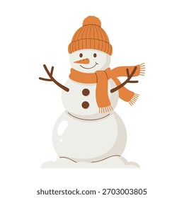 A flat design vector illustration of a friendly snowman