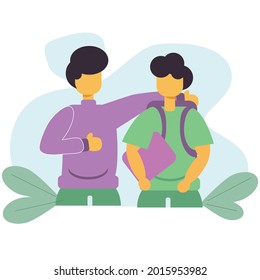 Flat Design Vector Illustration Friendship Brother In School College . Perfect for Content Social Media And Books