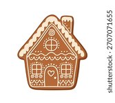 A flat design vector illustration of a gingerbread cookie shaped like a small house
