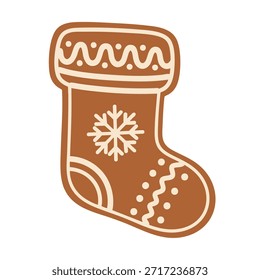 Ein flaches Design, Vektorgrafik eines Lebkuchenbackkekses, der wie ein Weihnachtsstrumpf geformt ist