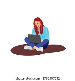 flat design vector illustration girl with laptop doing a job from home or doing her school homework