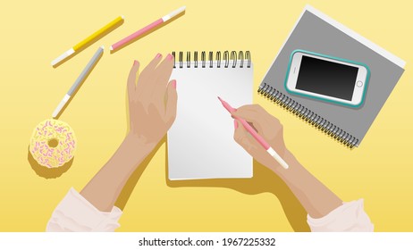 flat design vector illustration. the girl has a pink pencil, next to it a gray, yellow pencil, a gray notebook, a smartphone and a bun.