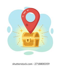Flat design vector illustration of a glowing treasure chest reward beneath a location pin marker suitable for empty state ui UX concepts