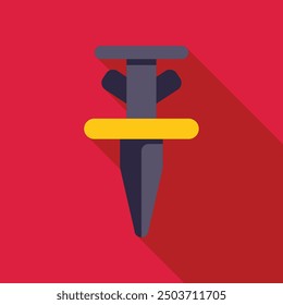 Flat design vector illustration of a grey plastic anchor with a yellow ring being inserted into a red wall