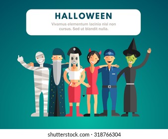 Flat Design Vector Illustration of Halloween Monster Costumes