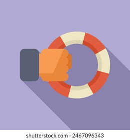 Flat design vector illustration of a hand gripping a lifebuoy, symbolizing support and rescue