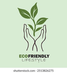 flat design vector illustration hand holding a green plant as a symbol of sustainability and eco friendly lifestyle