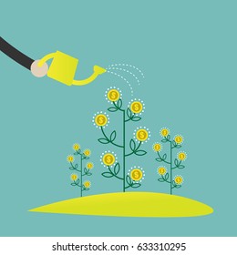 Flat design vector illustration of a hand watering money plants, concept for making money, investment,financial management on light background 