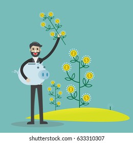 Flat design vector illustration of a hand hold money plants, concept for making money, investment,financial management on light background 