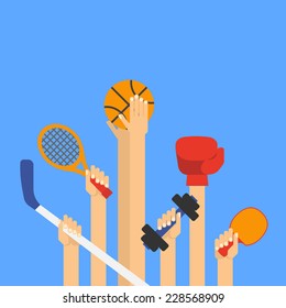 Flat design vector illustration hands with sports equipment. Con?ept do sports. 