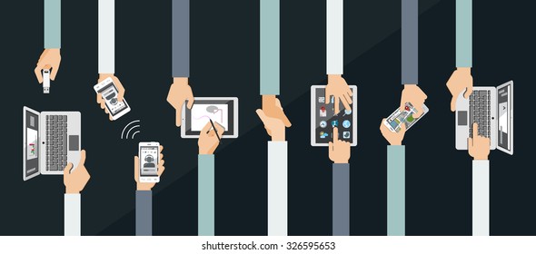 Flat design vector illustration of hands holding and using computer and communication devices. Business meeting